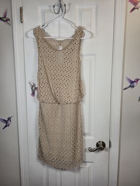 Free People Boho Crochet Lace Open Back Mini Dress Tan Beige Size Medium
